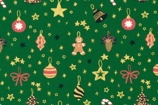 Christmas fabric made of cotton in green color with a print of ornaments and stars 22706/0