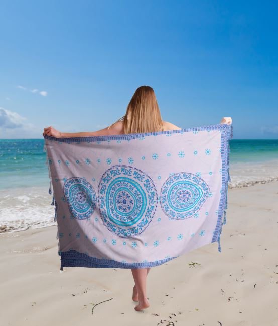 Pareo/sarong from Bali with coconut buckle in blue with mandala print and sequins BALI85