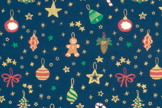 Christmas fabric made of cotton in dark blue with a print of ornaments and stars 22706/008