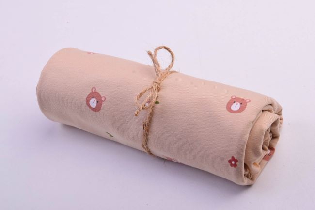 Roll of cotton knit in beige color with teddy bear and flower print RO19458/052
