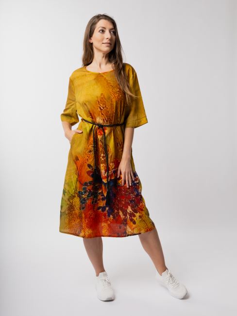 Summer loose dress in olive color with flower print SAT24