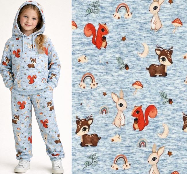 Alpine fleece in brindle blue with digital print of forest animals 22381/690
