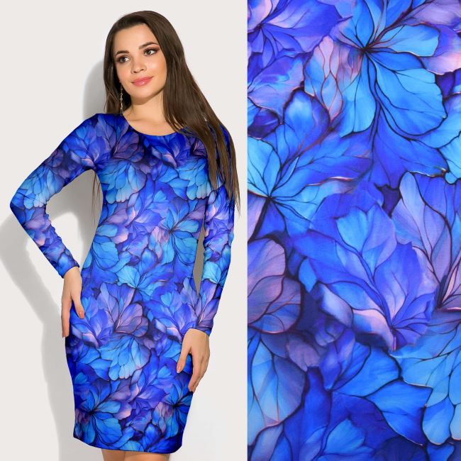 Kimo knit in blue color with digital print of leaves CS12616B