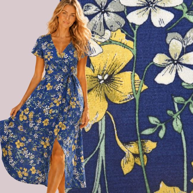 Viscose fabric in blue with flower print TU32065