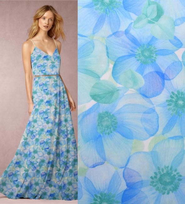 Artificial silk Silky in white with blue flowers digital print AV2200005S