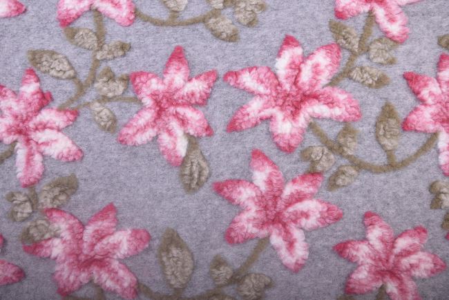 Boiled wool in light gray heather with flower pattern MIT3