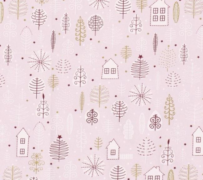 Christmas cotton fabric in pink with house print 16715/011