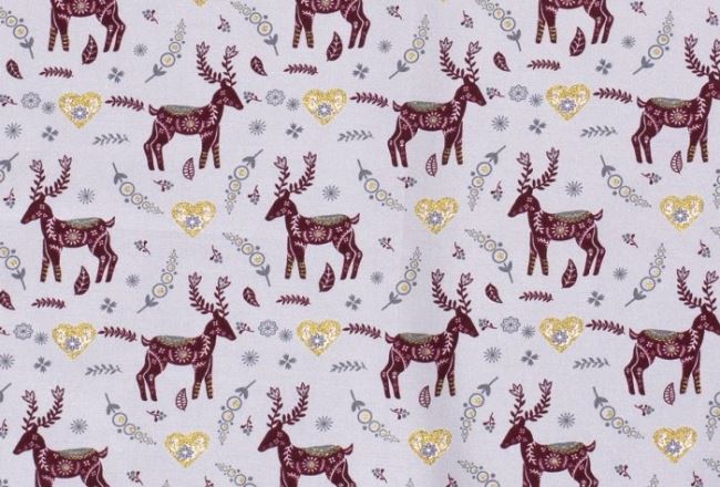 Gray cotton Christmas fabric with deer and hearts 16710/061