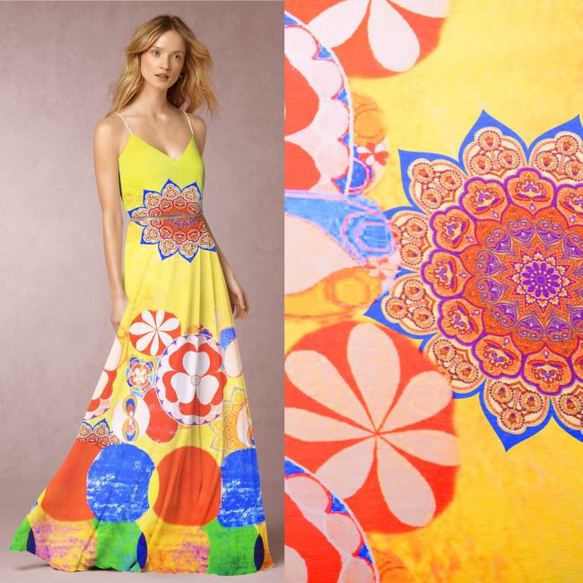 Viscose poplin in yellow color with digital print of flowers and ornaments S1981R-3682