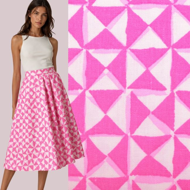 Stretch cotton fabric in cream color with pink triangle print TF298