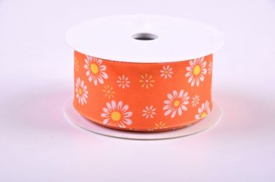 Ribbon in orange color with the motif of flowers 40mm 282310