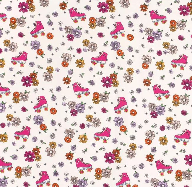 Cream-colored cotton knit with a print of flowers and roller skates 21815/051